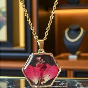 Fine Pendant Necklace with Handcrafted Pink Pressed Floral Design